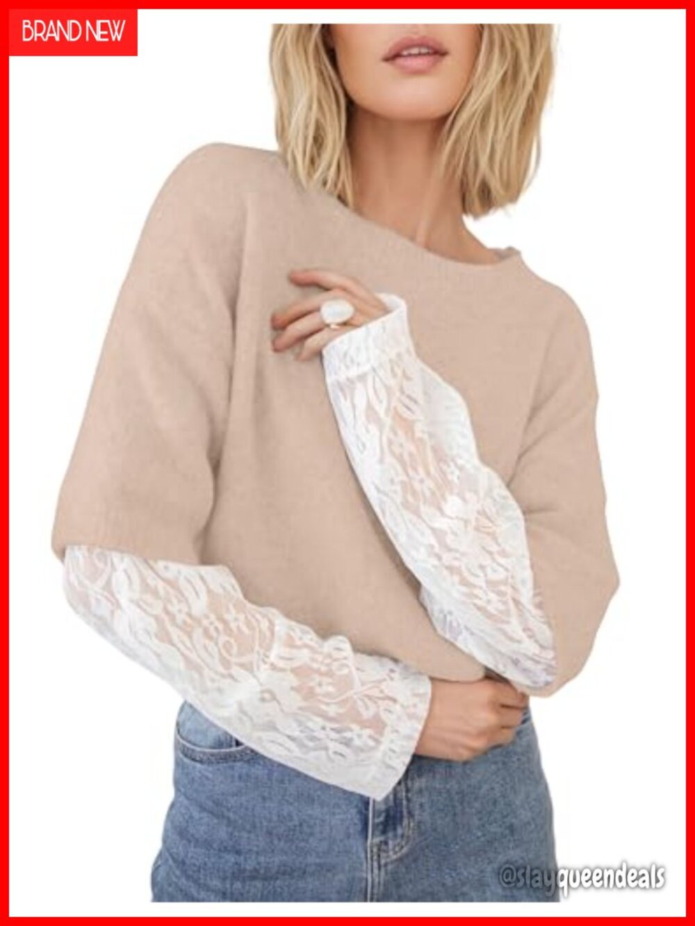 Lace Long Sleeve Crewneck Ribbed Knit Pullover Sweater Casual Loose Top